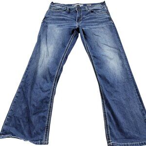 Buckle BKE Jeans Mens 36x32 Jake Bootleg Blue Dark Wash Distressed Flaw*